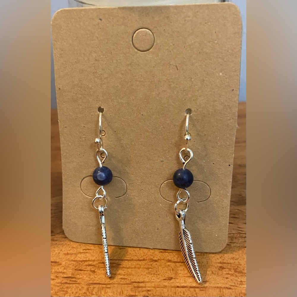 Blue Sodalite crystal beads with dainty feather earrings NEW